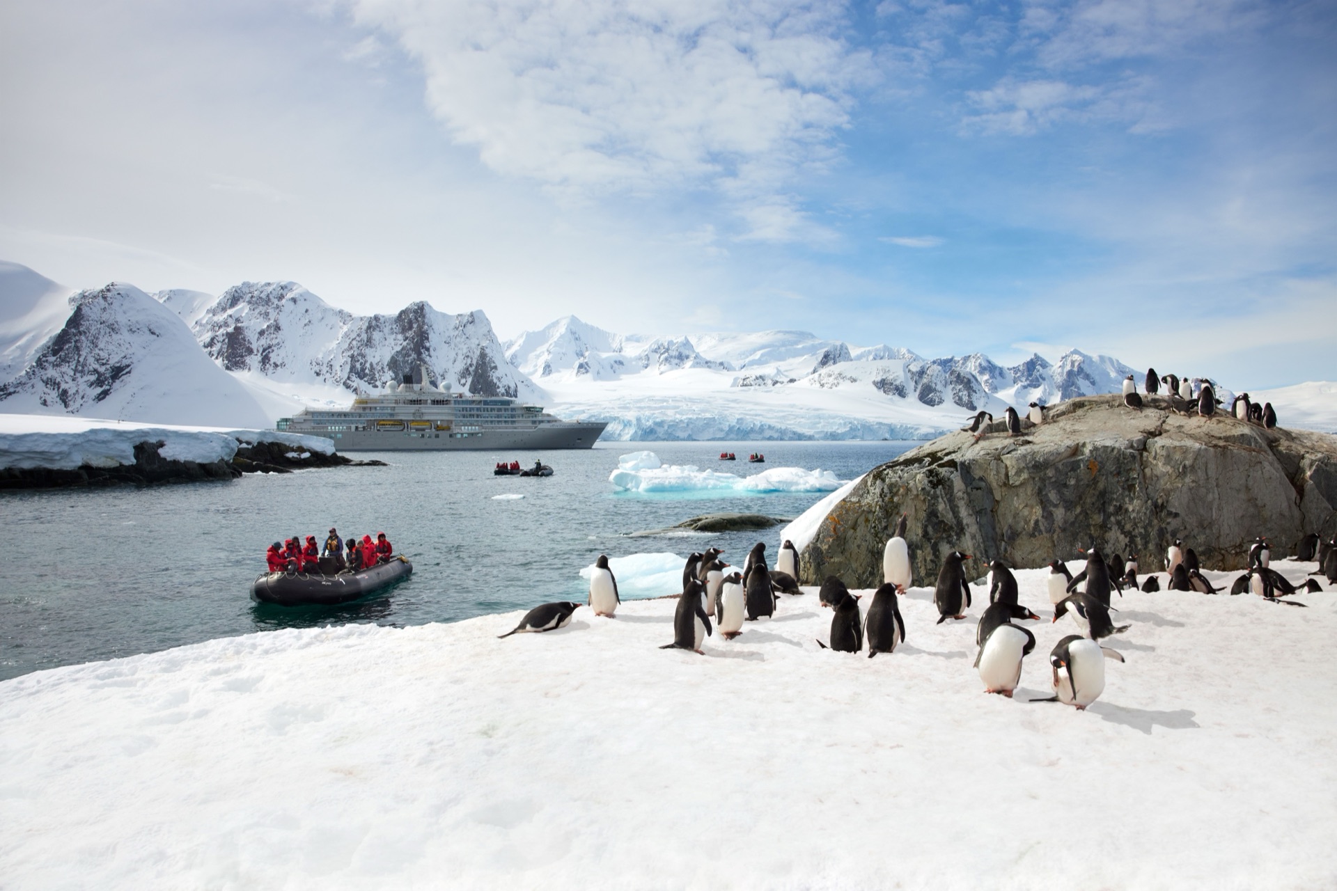 Silversea expedition ship, Zodiac and penguins in Antarctica