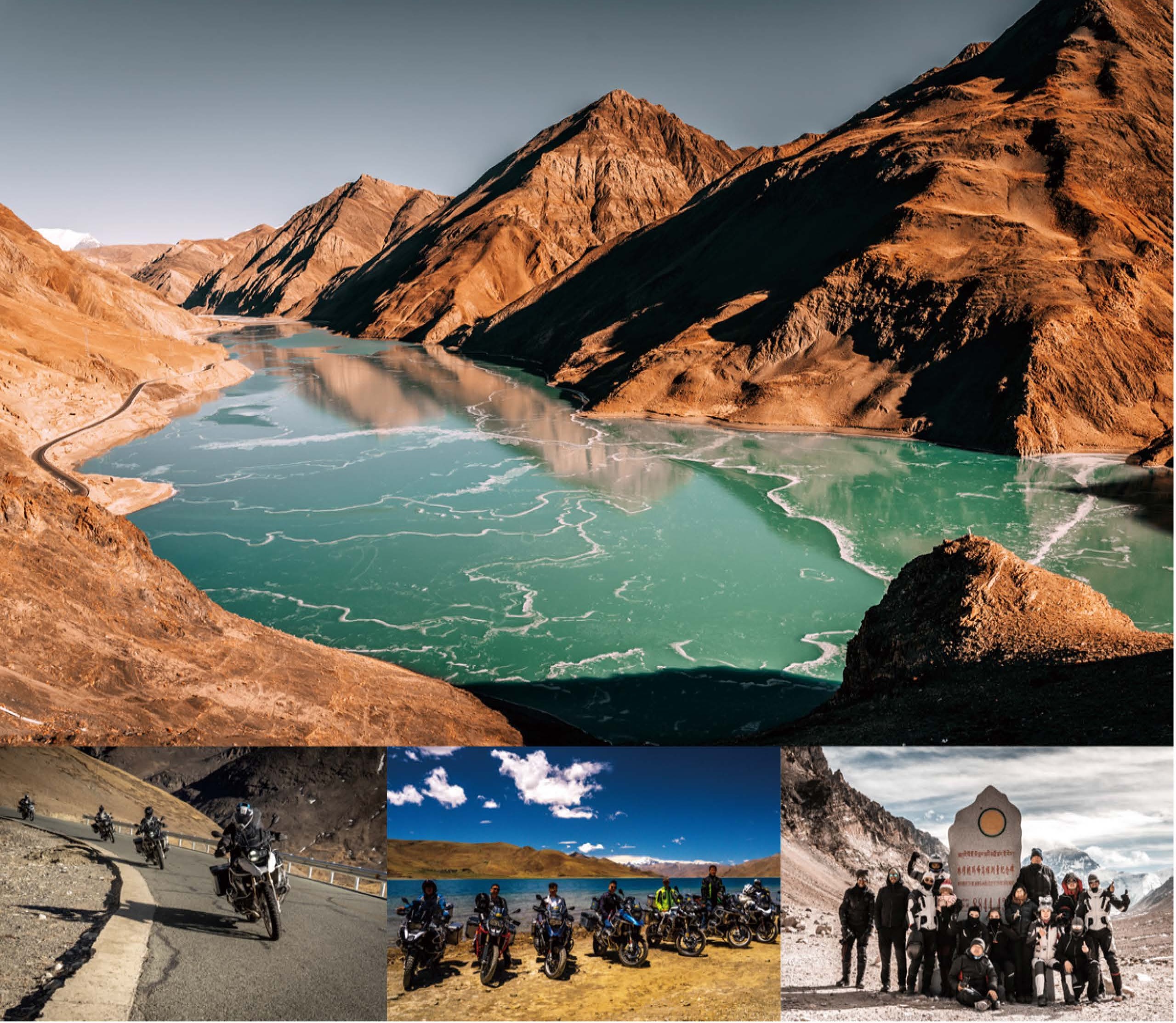 Motorcycle journey beside a high-altitude lake in Tibet